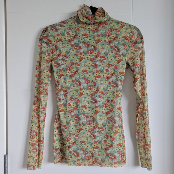 GANNI Mesh Floral Long Sleeve Turtleneck Shirt S - Picture 3 of 6